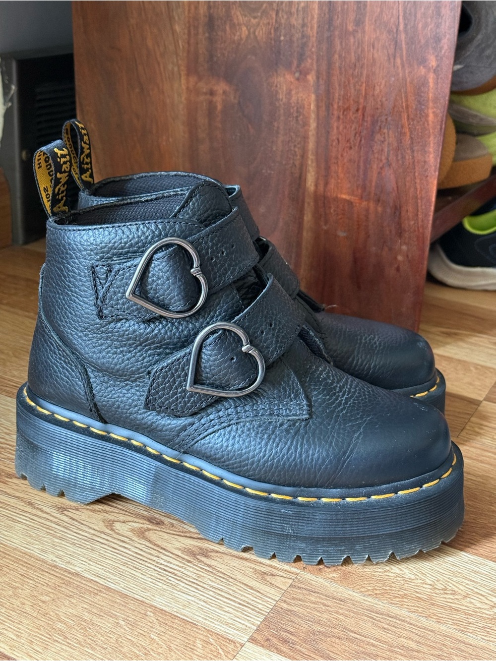 woman’s 7 dr marten Black Heart-Buckle Platform Boots